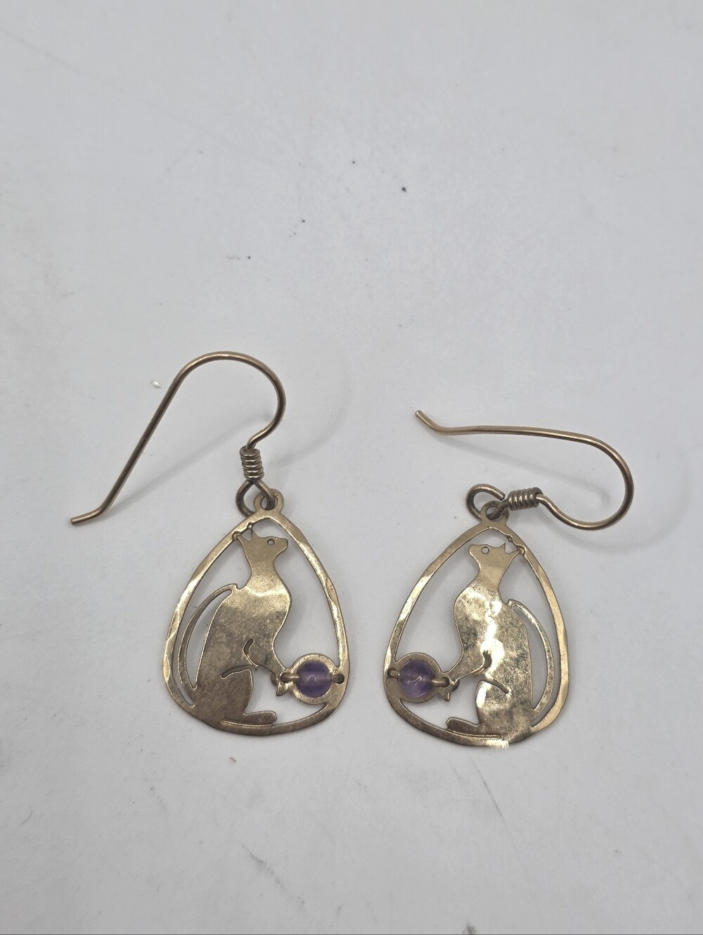 Vintage 1980s Wild Bryde Brass Cat Drop Earrings Amethyst Glass Bead Pierced